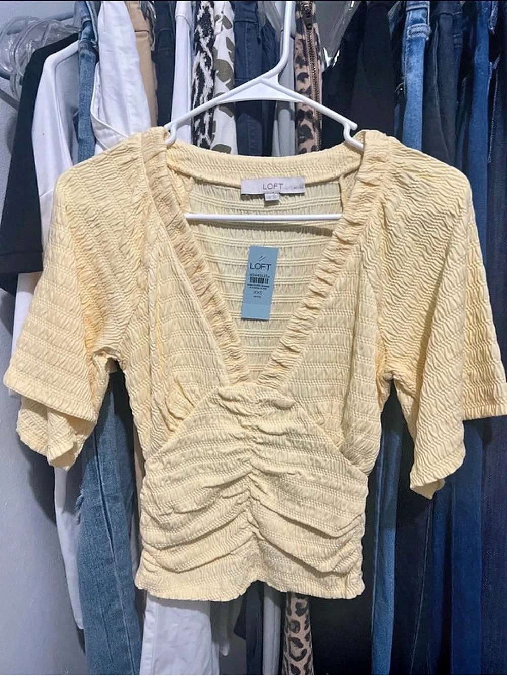 LOFT Petite Smocked Flutter V-Neck Top Yellow XXS